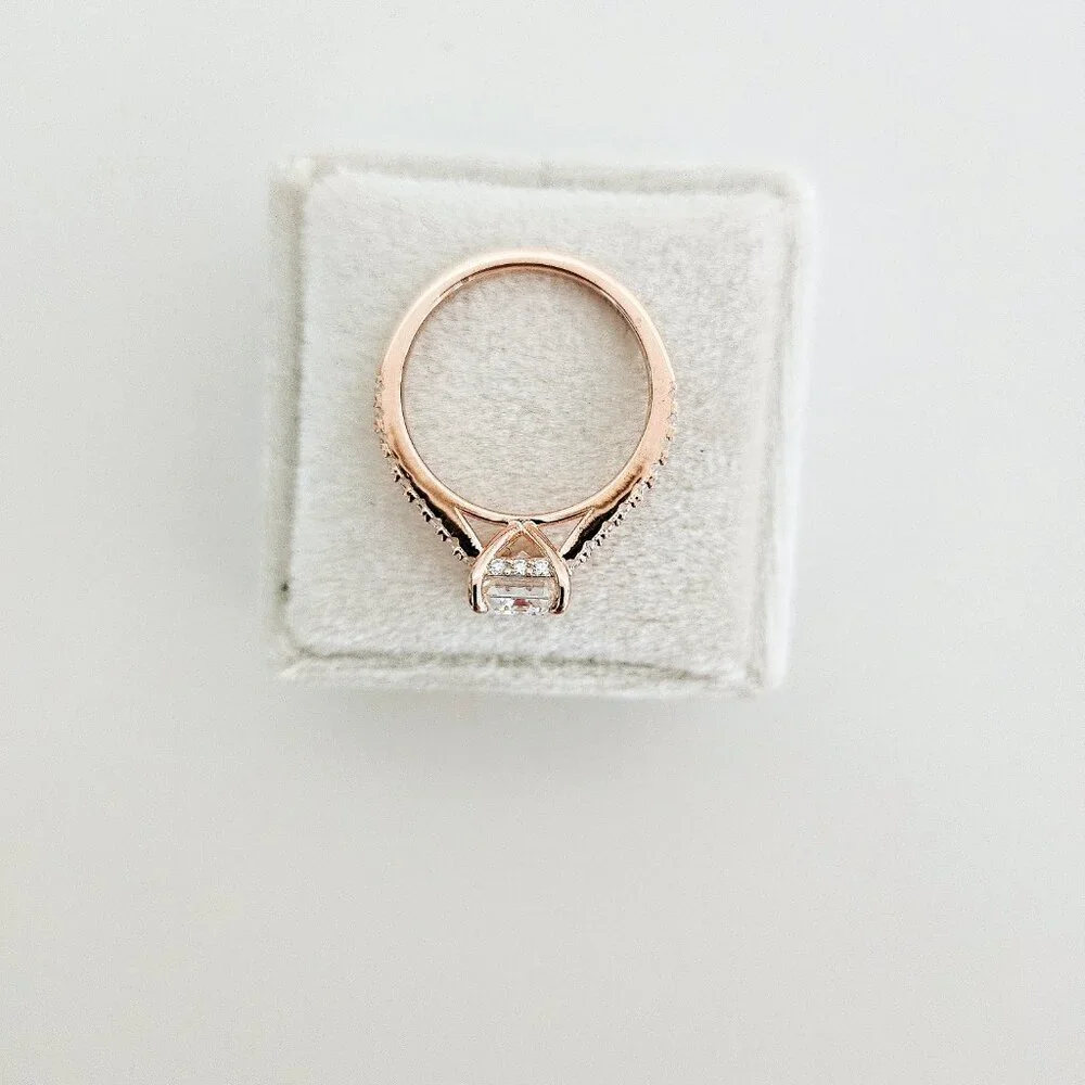 2 CT Emerald Cut Moissanite Ring, S925 Gold Plated, Size 6, Pavé, Hidden Halo - Picture 3 of 4